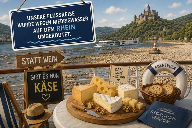 Niedrigwasser auf dem Rhein – Umroutung  – statt Wein gibt es nun Käse