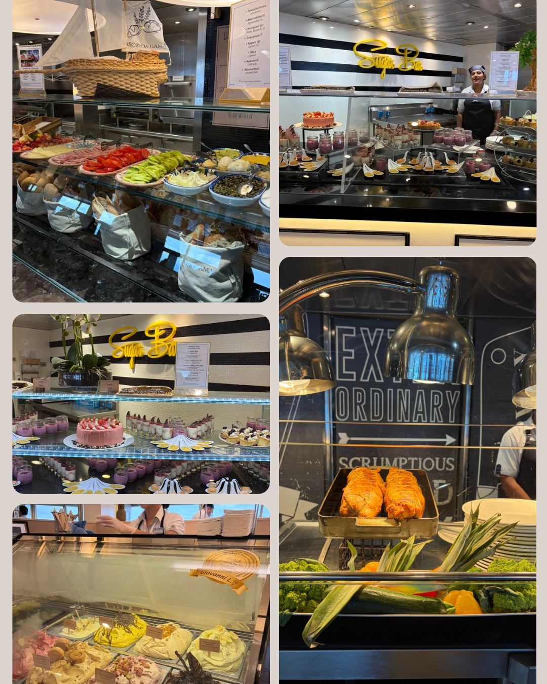 Schiffsbuffet Speisen Sugar Bar Torten Eis Fleisch