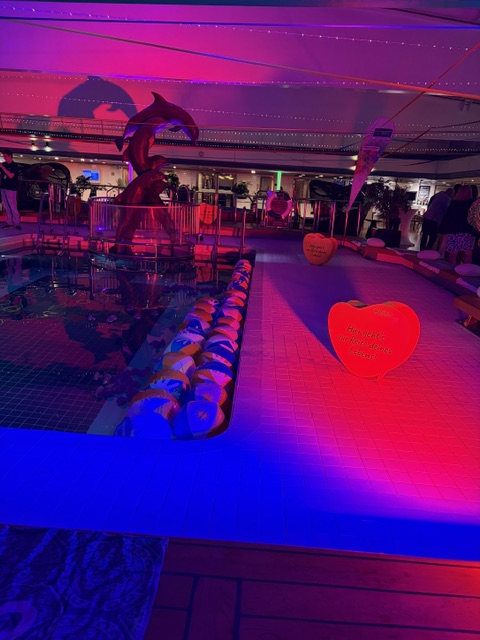 Schiffsdeck Nacht pinke Beleuchtung Pool Delphinstatue